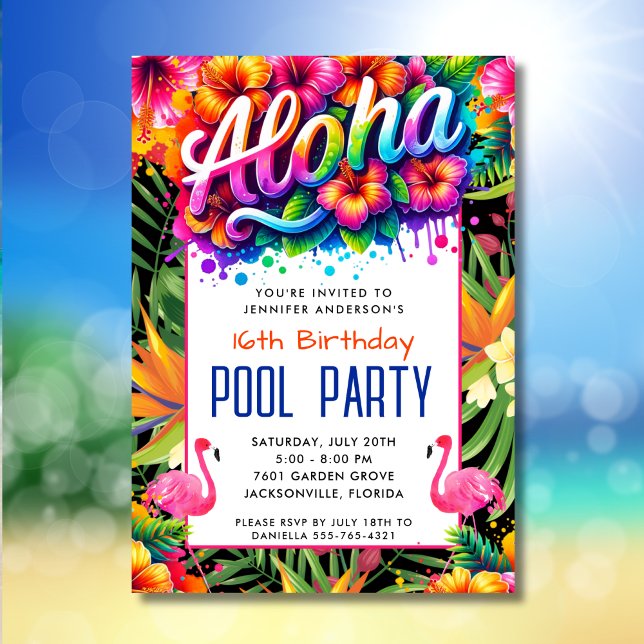 Convite Aloha Tropical Flamingo Birthday Pool Party  (Criador carregado)