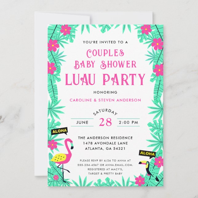 Convite Aloha Tropical Flamingo Casal Chá de fraldas Luau (Frente)