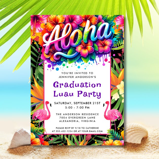 Convite Aloha Tropical Flamingo Graduation Luau Party (Criador carregado)
