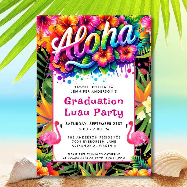 Convite Aloha Tropical Flamingo Graduation Luau Party (Criador carregado)
