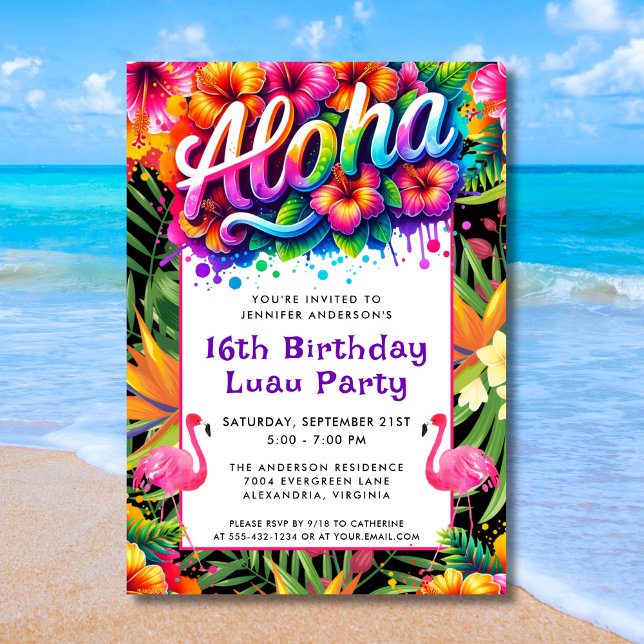 Convite Aloha Tropical Flamingo Luau Birthday Party (Criador carregado)