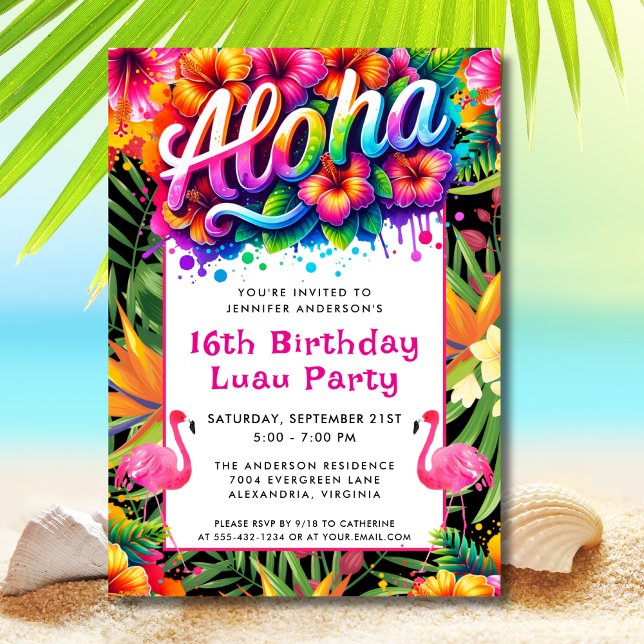 Convite Aloha Tropical Flamingo Luau Birthday Party (Criador carregado)