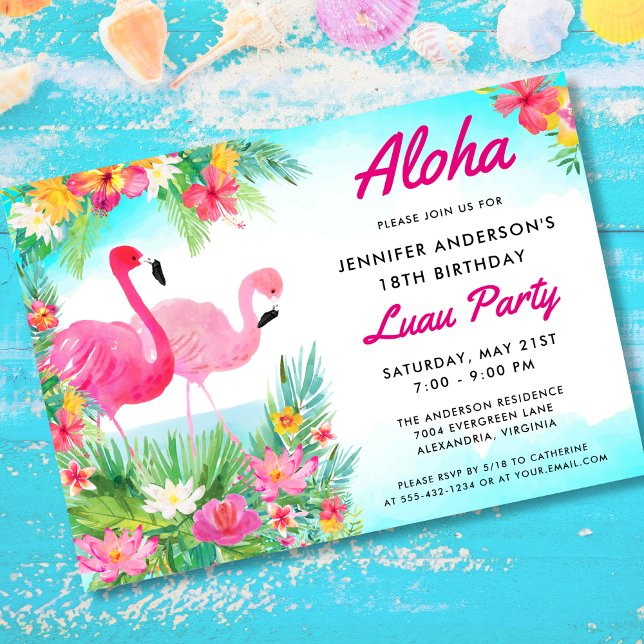 Convite Aloha Tropical Flamingo Luau Festa de aniversário (Criador carregado)
