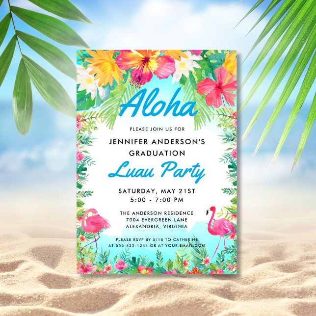 Convite Aloha Tropical Flamingo Luau - Graduação Azul (Criador carregado)