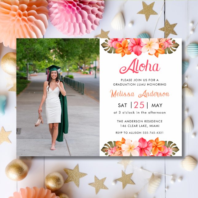 Convite Aloha Tropical Hibiscus Floral Photo Graduation (Criador carregado)