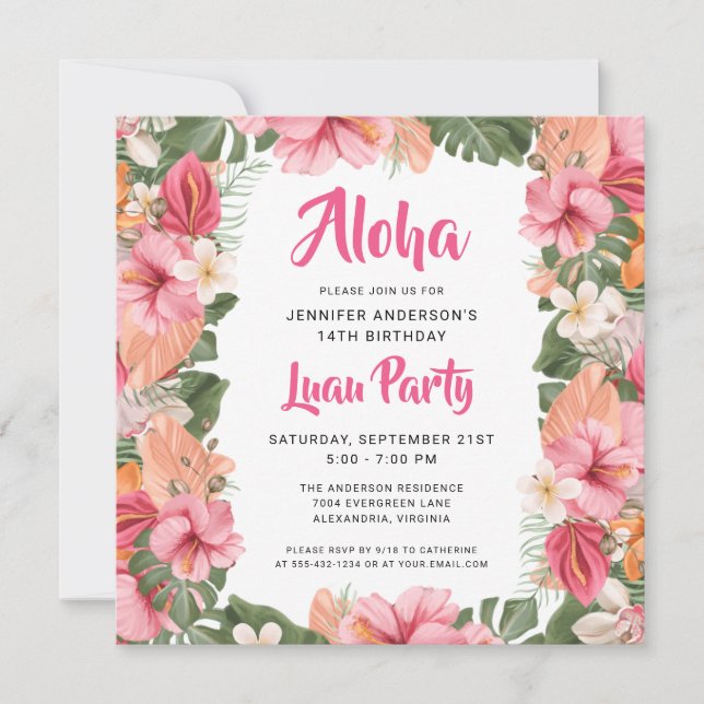 Convite Aloha Tropical Luau Party Birthday (Frente)