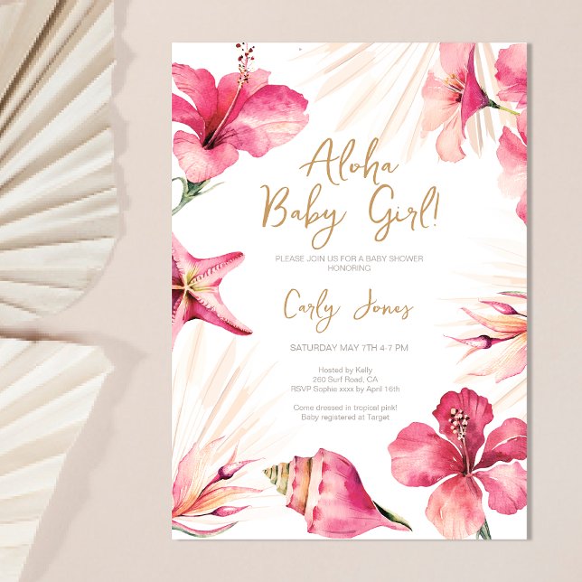 Convite Aloha Tropical Pink Hibiscus Baby Girl Baby Shower (Criador carregado)