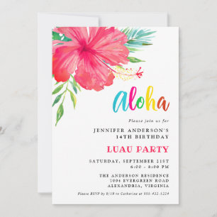 Convite Aloha Tropical Rosa Hibiscus Floral Luau Aniversá
