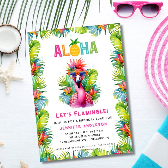 Convite Aloha Vamos Flamingle Tropical Flamingo Birthday (Criador carregado)