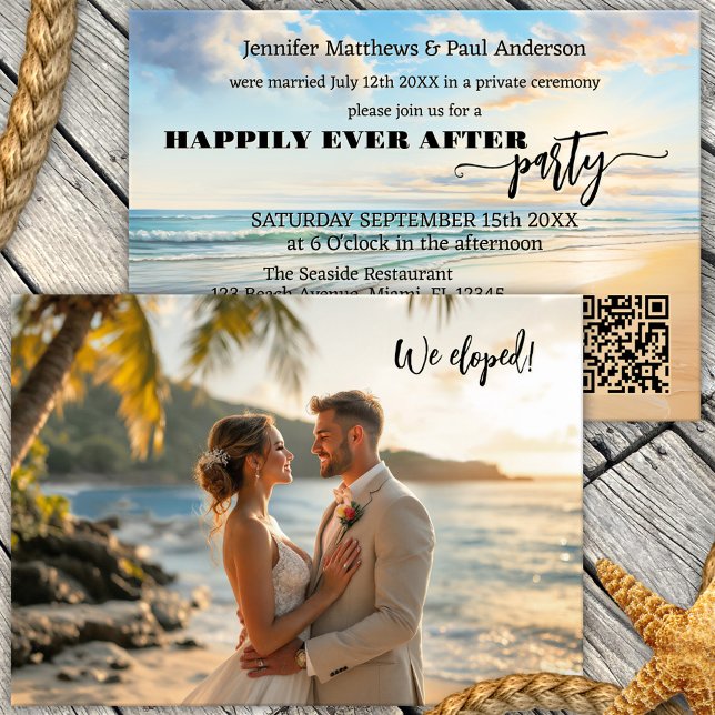 Convite Alopeamento de Praia Feliz Para Sempre Após Foto D (Happily ever after or elopement photo wedding invitation featuring a watercolor painting of a beach)