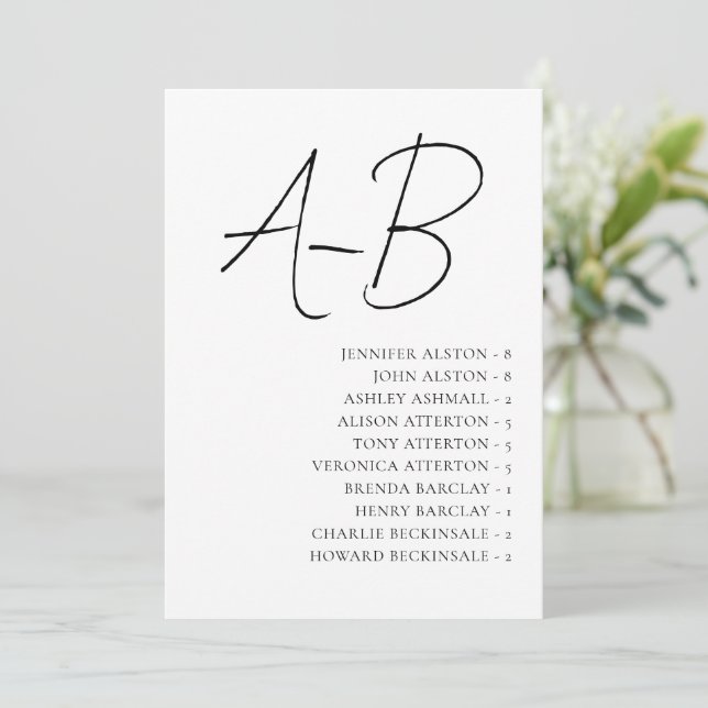 Convite Alphabetical Seating Chart,Minimalist Wedding Card (Em pé/Frente)