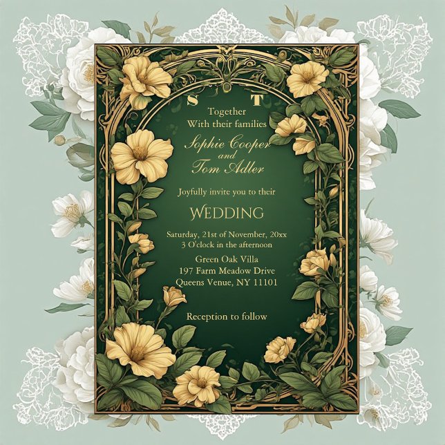 Convite Alphonse Mucha Floral Opulence Gold Frame Wedding (Alphonse Mucha Floral Opulence Gold Frame Wedding Invitation)