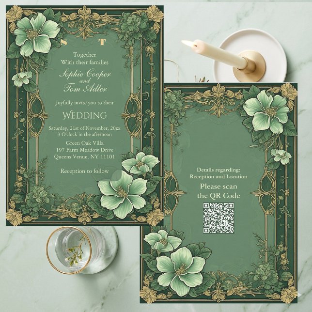 Convite Alphonse Mucha Flores Opulência Verde Salvia Casam (Alphonse Mucha Florals Opulence Sage Green Wedding Invitation)