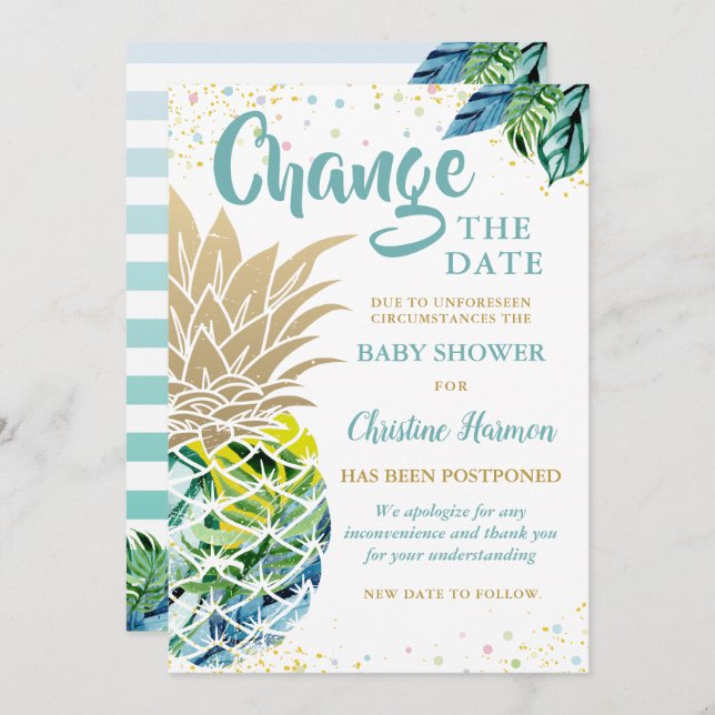 Convite Alterar a data de lançamento do Chá de fraldas de  (Frente/Verso)