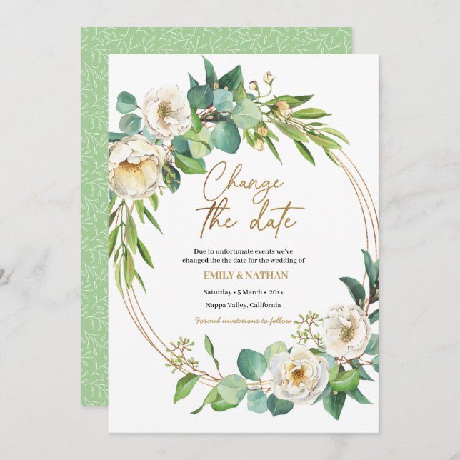Convite Alterar a data Dourado e White floral Invitation (Frente/Verso)