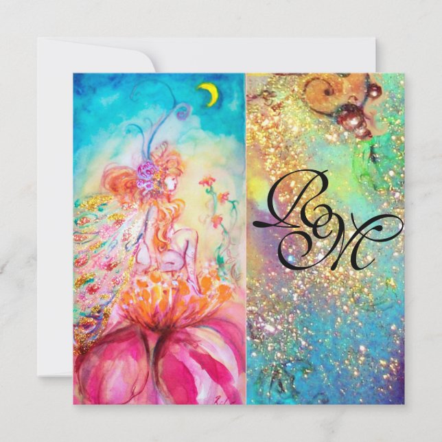 Convite ALTHEA, monograma rosa azul amarelo verde brilhos (Frente)