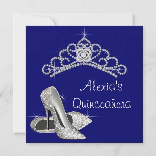Convite Alto salto Tiara Royal Blue Quinceanera (Frente)