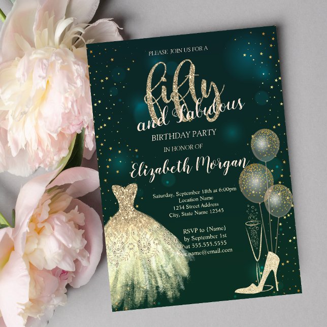 Convite Altos saltos,Vestido,Estrelas Verde 50º aniversári (Criador carregado)