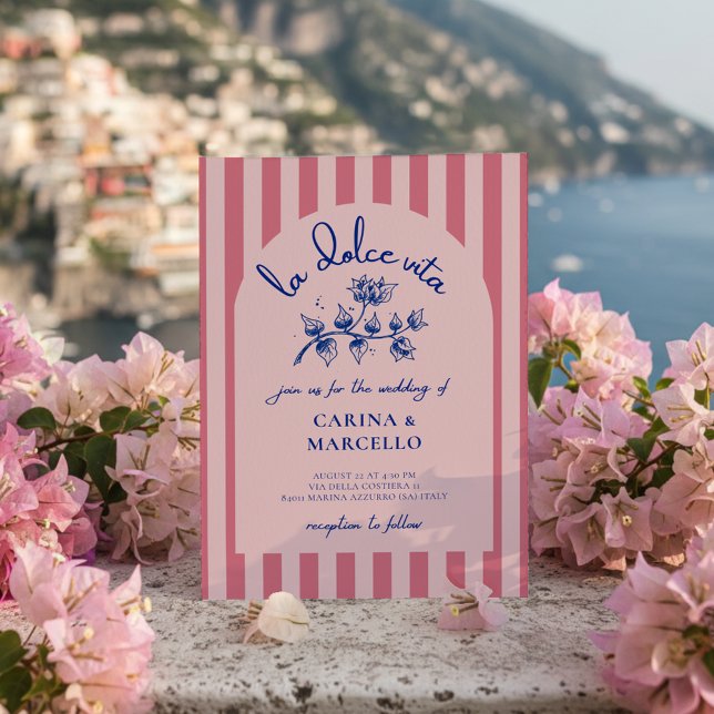 Convite Amalfi Coast Amore Bougainvillea Stripe Wedding (Criador carregado)