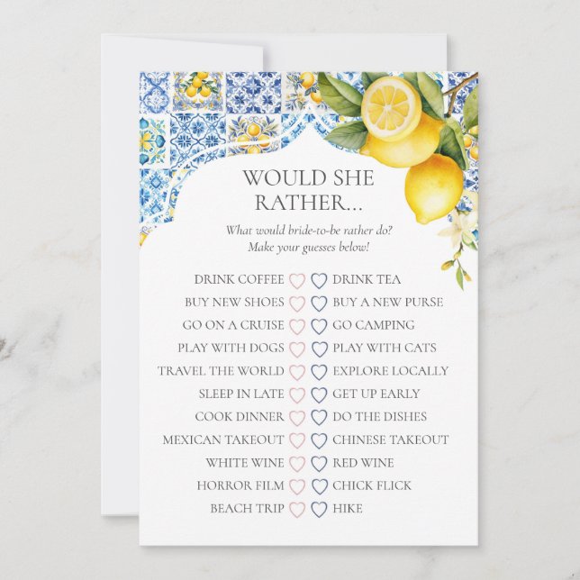 Convite Amalfi Coast Bridal Shower Would She Rather Game (Frente)