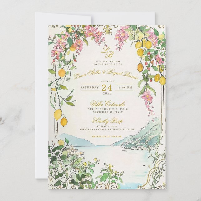 Convite Amalfi Coast Wedding Invitation Custom Lemon Beach (Frente)