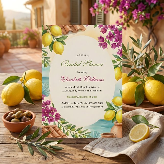 Convite Amalfi Lemons Coastal Italian Summer Bridal Shower (Italian Summer Bridal Shower – Amalfi Lemons & Bougainvillea, Coastal, Personalized)