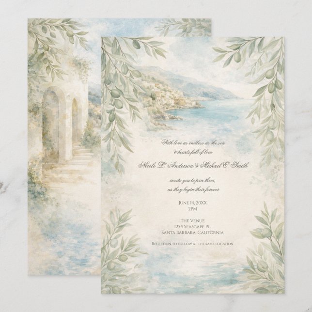 Convite Amalfi Reverie — Mediterranean Coastal Wedding (Frente/Verso)