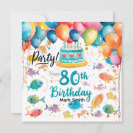 Convite Amante da Pesca Aniversário de 80 anos Aquarela 