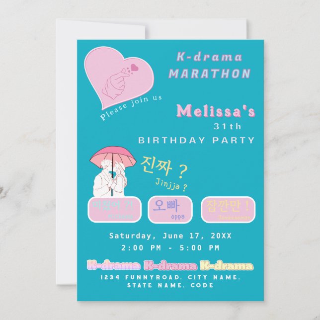 Convite Amantes de K-drama cores personalizadas fofas dram (Frente)