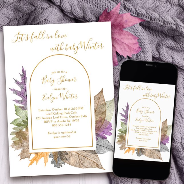 Convite Amar outubro deixa Chá de fraldas elegante (Fall in Love Baby Shower Invitation with modern arch and delicate autumn leaves)
