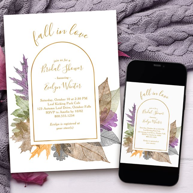 Convite Amar outubro deixa Chá de panela elegante (Fall in Love Bridal Shower invitation with delicate autumn leaves)