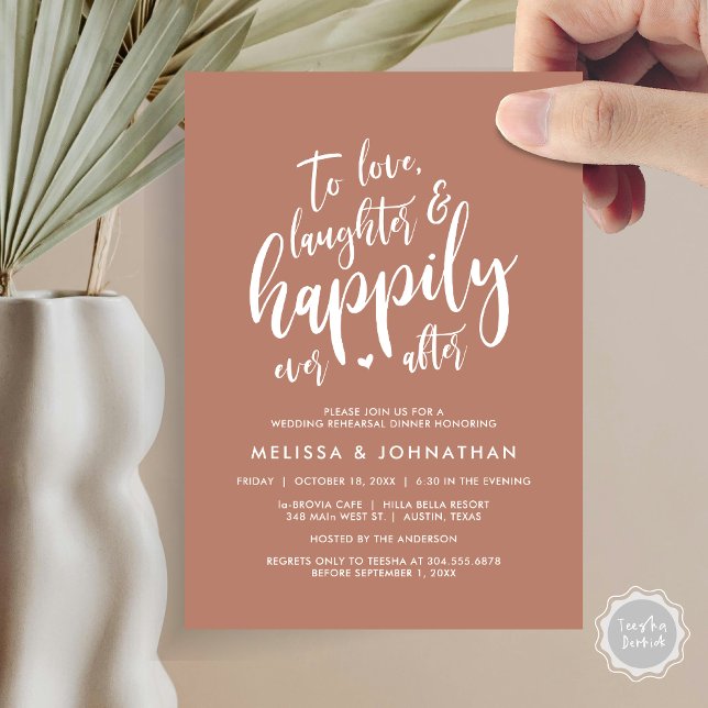 Convite Amar Rindo e Feliz Nunca Depois (To Love Laughter and Happily Ever After, Wedding Rehearsal Dinner Invitation Card, PDF, Terracotta)