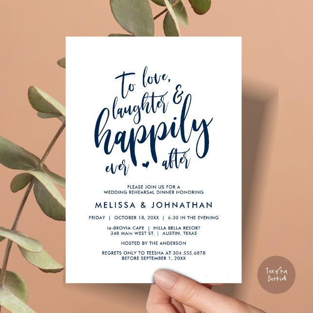 Convite Amar Rindo e Feliz Nunca Depois (To Love Laughter and Happily Ever After, Wedding Rehearsal Dinner Invitation Card, PDF, Navy Blue)