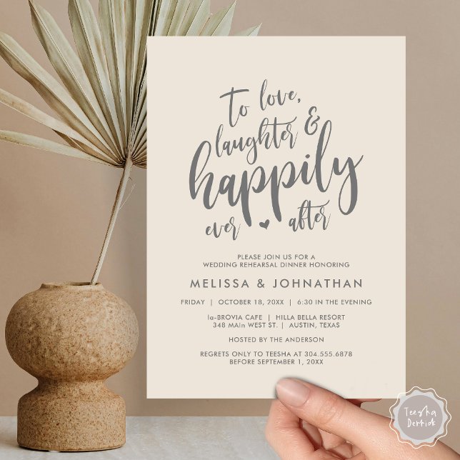 Convite Amar Rindo e Feliz Nunca Depois (To Love Laughter and Happily Ever After, Wedding Rehearsal Dinner Invitation Card, PDF, Cream Grey)