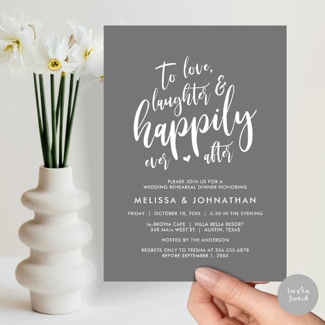Convite Amar Rindo e Feliz Nunca Depois (To Love Laughter and Happily Ever After, Wedding Rehearsal Dinner Invitation Card, PDF, Dark Grey)