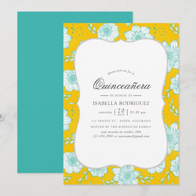 Convite Amarela e floral Teal Quinceañera (Frente/Verso)