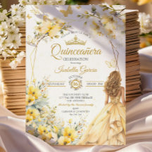 Amarela Floral Tiara Dourada Borboletas Quinceañer