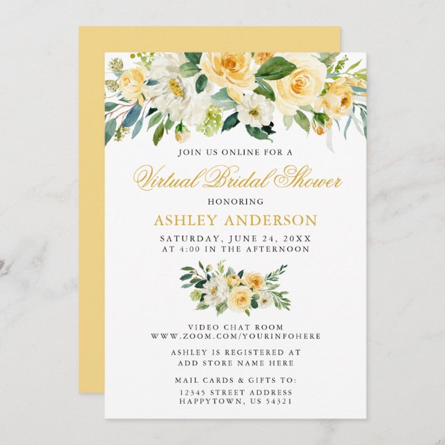 Convite Amarelo Amarelo de Aquarela do Chá de panela Virtu (Frente/Verso)