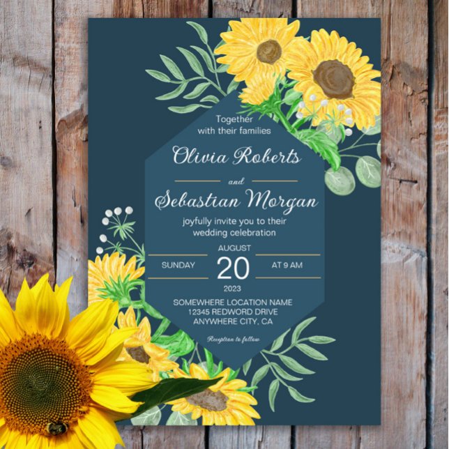 Convite Amarelo Amarelo Girassóis no Casamento Azul Marinh (Criador carregado)