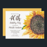 Convite Amarelo Amostra aniversário de 40 anos de girassol<br><div class="desc">Lindo amarelo e castanho, ao estilo do girassol, cor de água floral e verde num convite de festas branco de aniversário de 40 anos para mulheres. A parte de trás deste cartão é um amarelo brilhante e coordenador. Perfeito para o verão ou festa de aniversário de outono. Entre em contato...</div>
