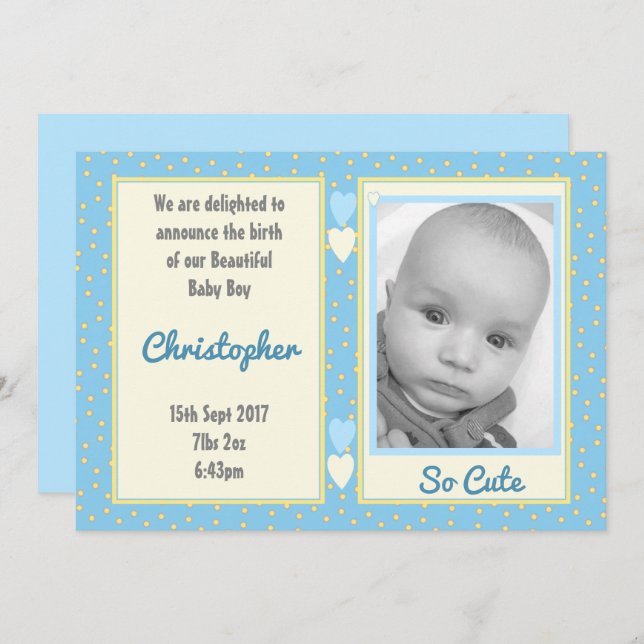 Convite Amarelo azul com detalhes de nascimento e foto de  (Frente/Verso)