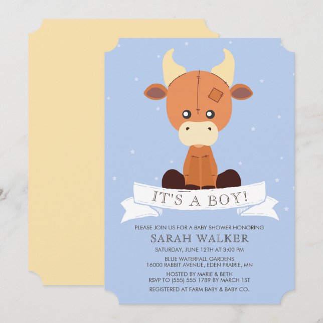 Convite Amarelo azul enchido da vaca é um menino! Chá de (Frente/Verso)