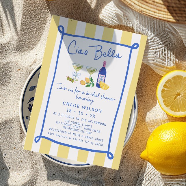 Convite Amarelo branco Chá de panela azul-azul-civil (Ciao Bella Bridal Shower Invitation, That's Amore Bridal Shower Invite, Italian Themed Yellow Blue)