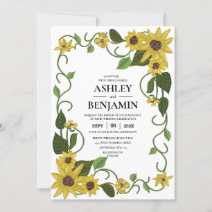 Convite Amarelo de Girassol Floral Botânico Desenhado à Mã