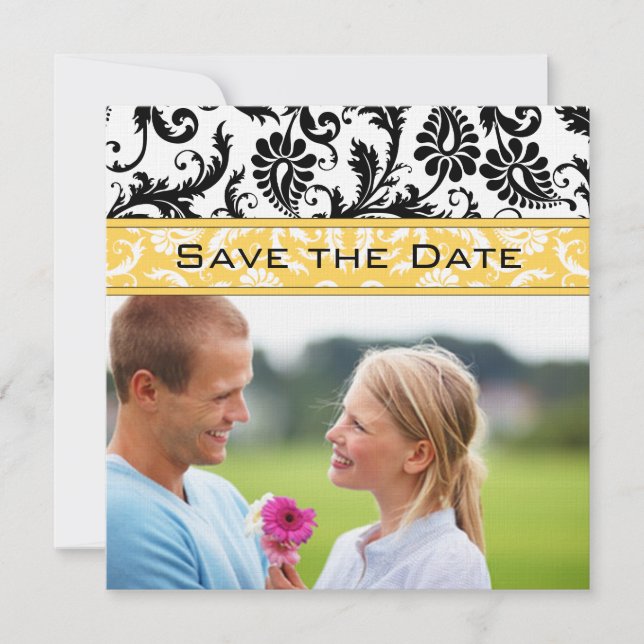 Convite Amarelo de Narciso & Preto Damask Save the Date (Frente)