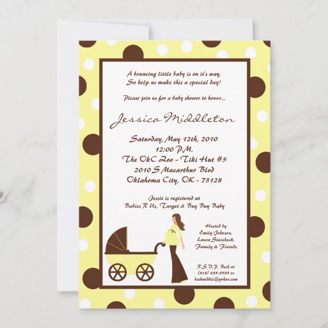 convite amarelo do chá de fraldas da carruagem da (Frente)