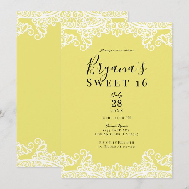 Convite Amarelo e Branco Renda Elegante Festa Doce 16 (Frente/Verso)