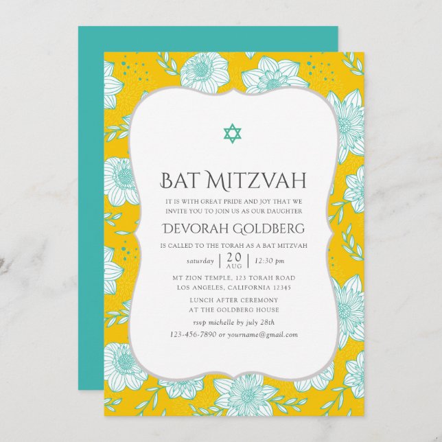Convite Amarelo e Teal Bat Mitzvah (Frente/Verso)