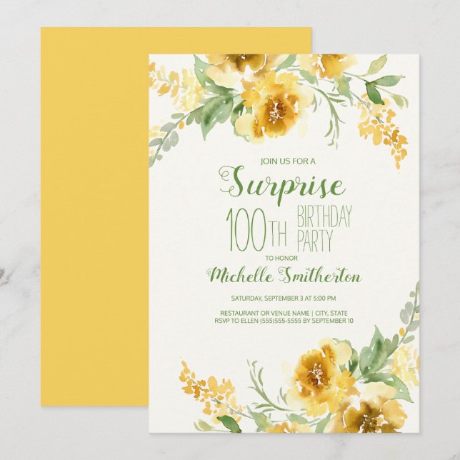 Convite Amarelo Elegante Aquarela Floral 100º Aniversário (Frente/Verso)