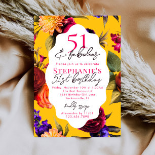 Convite Amarelo Floral 51 & Fabuloso Aniversário de 51 Ano